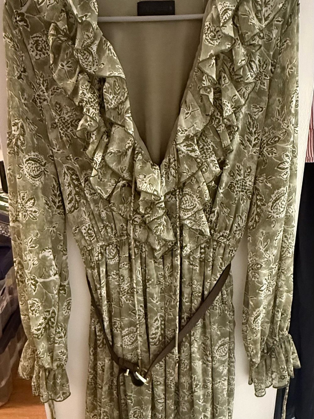 Zara Olive Green Floral Ruffle V-Neck Dress